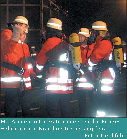 Mit Atemschutzger&auml;ten mussten die Feuer-
wehrleute die Brandnester bek&auml;mpfen.